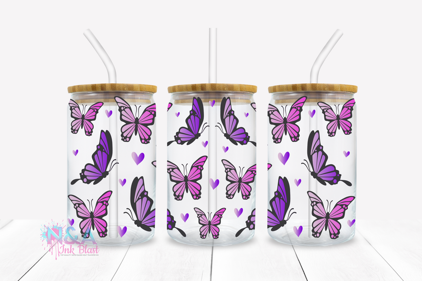 Purple Butterflies 16 oz Glass Can Wrap