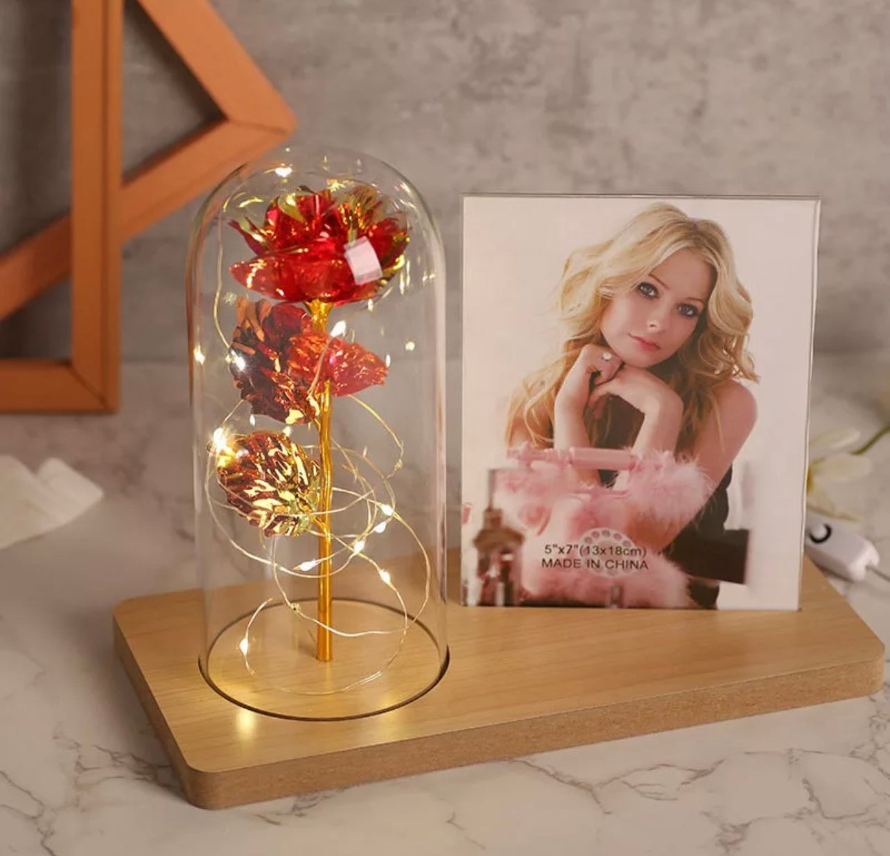 LED Glass Rose with Wooden Photo Frame
